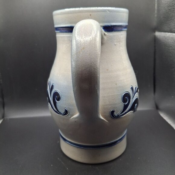 Vintage German Stoneware Pitcher With Blue Floral Motif Signed Paul Schmitter - Picture 3 of 8